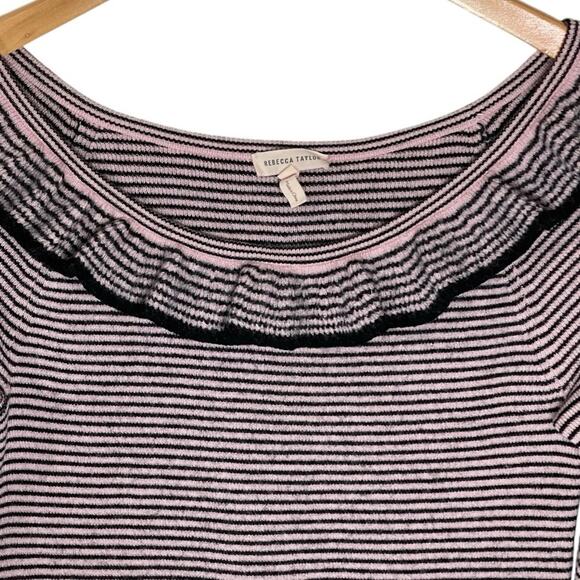 REBECCA TAYLOR Women’s 100% Merino Wool Ruffle Pink Striped Sweater - Picture 4 of 6